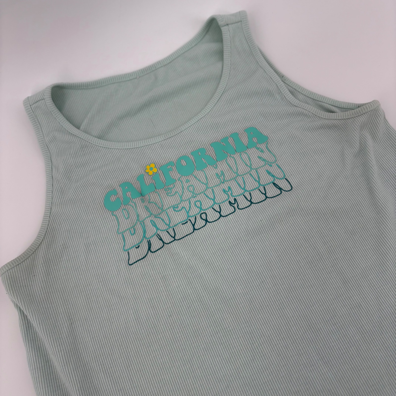 California Dreaming Ribbed Cropped Tank Top Mint Green Graphic Sz S/M